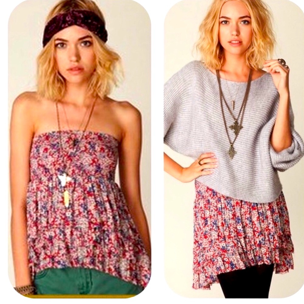 Vintage Free People Strapless Floral Tube Top/Skirt Tiered Front/Back Raw Hem